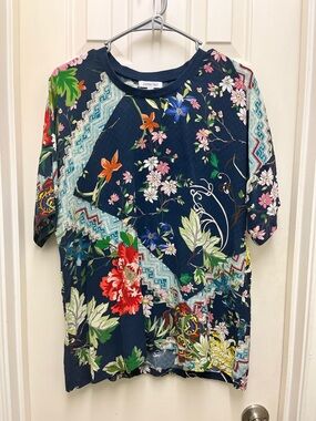 Johnny Was Navy Multicolor Floral Patchwork Short Sleeve Top